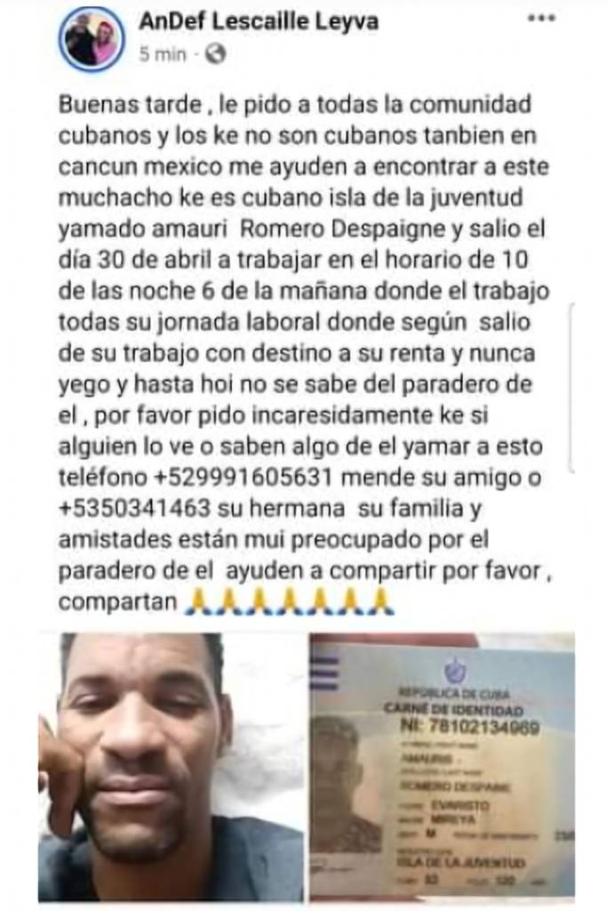 publicación en facebook reportando su desaparición