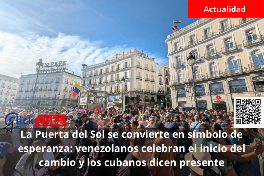 La Puerta del Sol se convierte en símbolo de esperanza: venezolanos celebran el inicio del cambio y los cubanos dicen presente