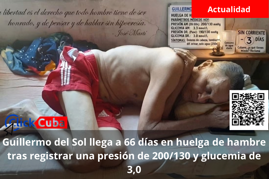 Guillermo del Sol llega a 66 días en huelga de hambre tras registrar una presión de 200/130 y glucemia de 3,0